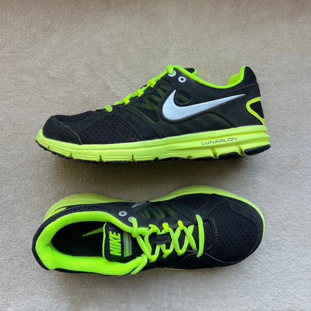 Nike Lunarlon Women 6.5 Youth 5Y Running Shoes Athletic Sneaker Black Neon Green